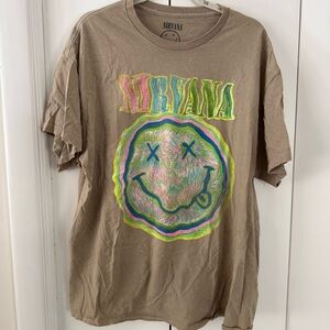 NIRVANA Tan Tee with Colorful Smiley Design
